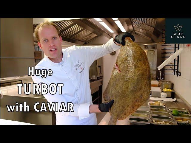 Delicious huge turbot, caviar & sour cream at 2 Michelin star Colette De Vijvers, Averbode