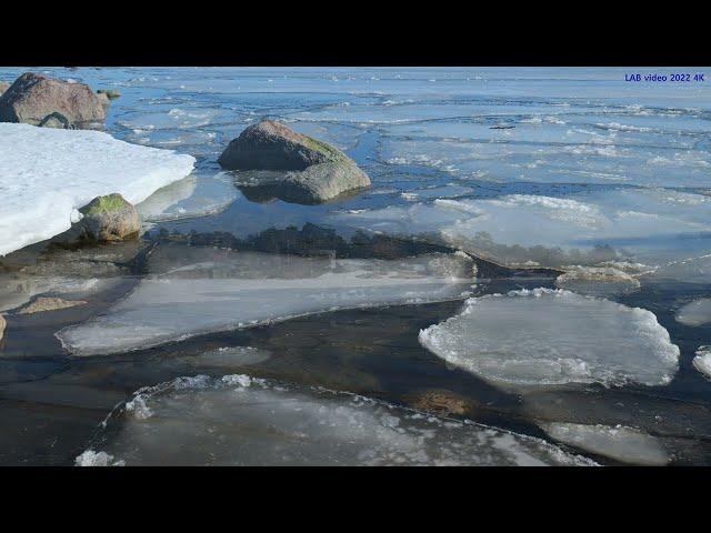 The Gulf of Finland, Matinkylä Beach, Espoo, Spring, Ice on Sea. 03/22. 4K UHD 50P