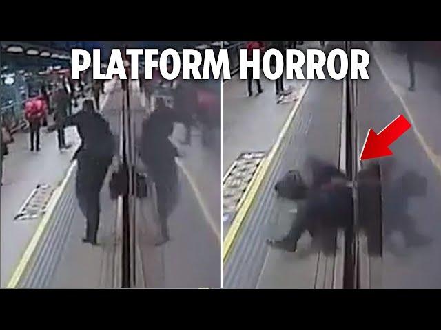 Passenger nearly dragged to DEATH by train pulling into station as travellers helplessly watch