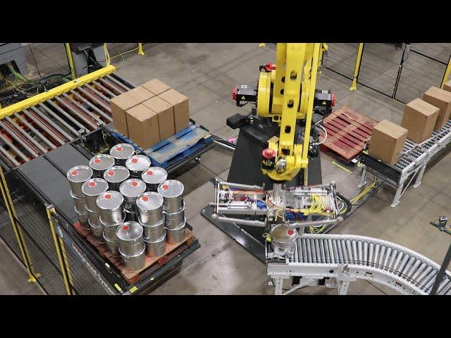 Robotic Palletizer with Integrated Pallet Handling for Multi Line Palletizing   Cases and Drums