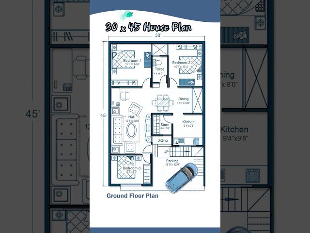 30’×45’ House Plan, 30 by 45 Home Plan, 30*45 House Plan, East Facing 3BHK & Parking #houseplan