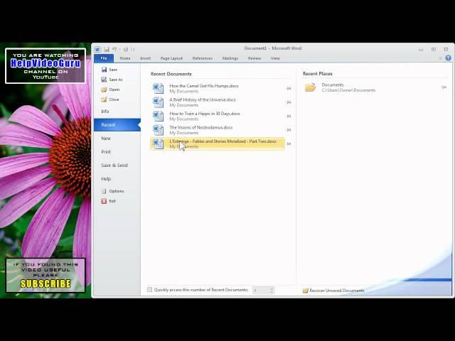 Open Recent Documents, Manage List of Recent Documents, Microsoft Word 2010 Tutorial