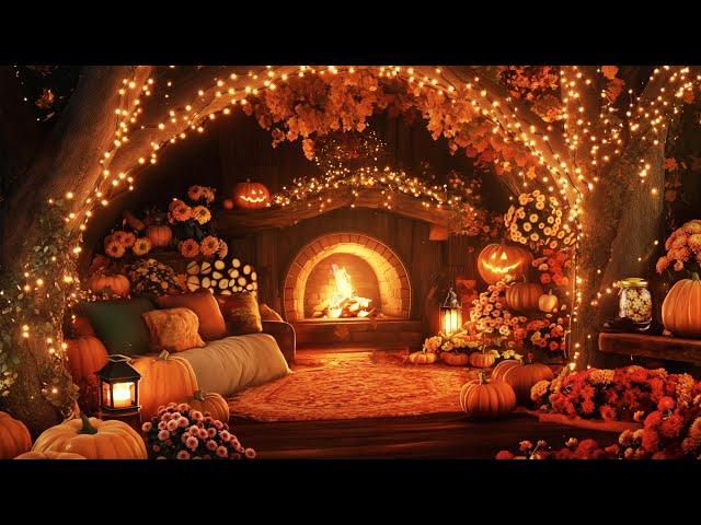 Cozy Autumn Night in a Pumpkin Wonderland | Relaxing Fireplace Sounds for a Magical Fall Evening 