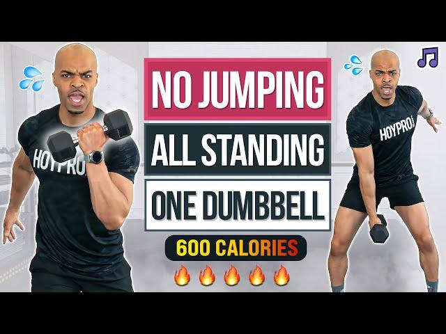 One Dumbbell ONLY! All Standing HIIT Workout with NO JUMPING (BURN 600 CALORIES)