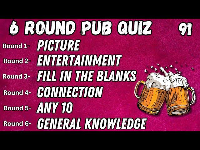 Online Pub Quiz - 6 Rounds: Picture, Entertainment, Wheel of Fortune, Pictogram, Top 5 & GK No.91