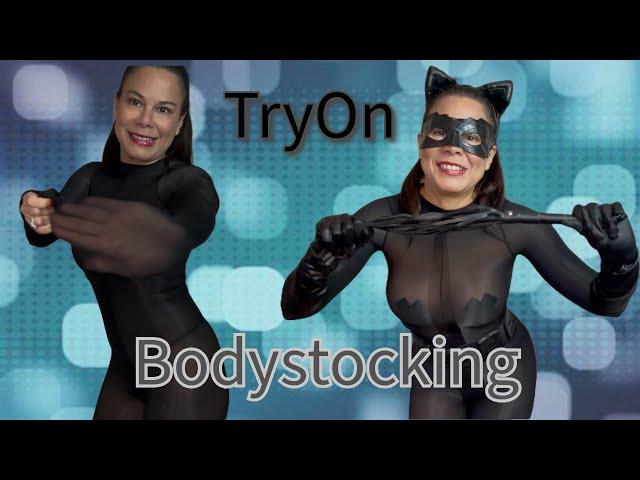 4K. TRANSPARENT| Black Oily Bodystocking | Catwoman Custome TRyOn| Mirror view