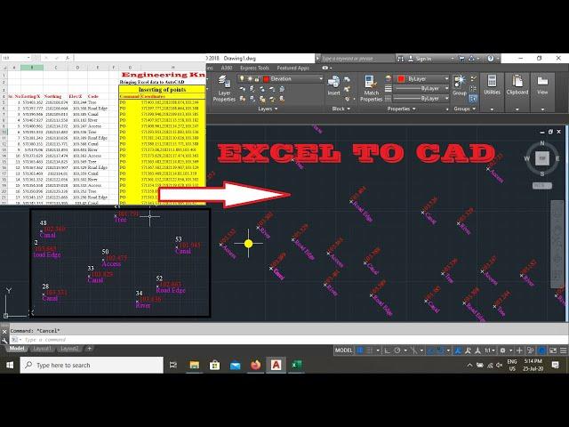 Import X,Y,Z topo survey data (elevations and codes point id) from excel to cad direct in detail