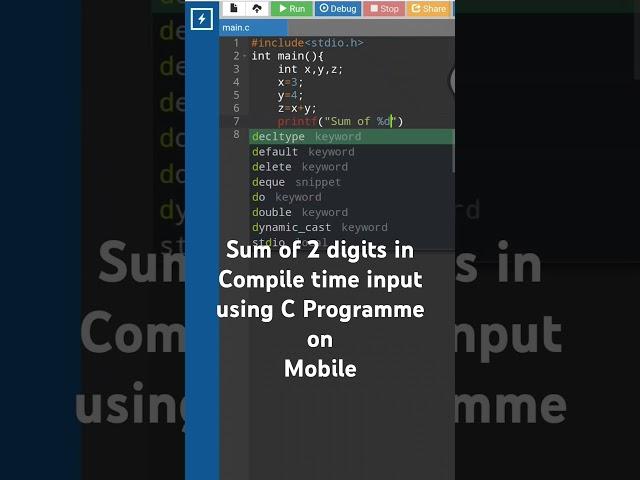 Mastering C Language. Sum of 2 digits in compile time input using Mobile