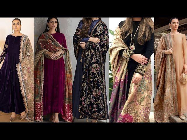 Simple dress with embroidered dupatta and shawl | Plain dress with heavy dupatta | Party wear suit