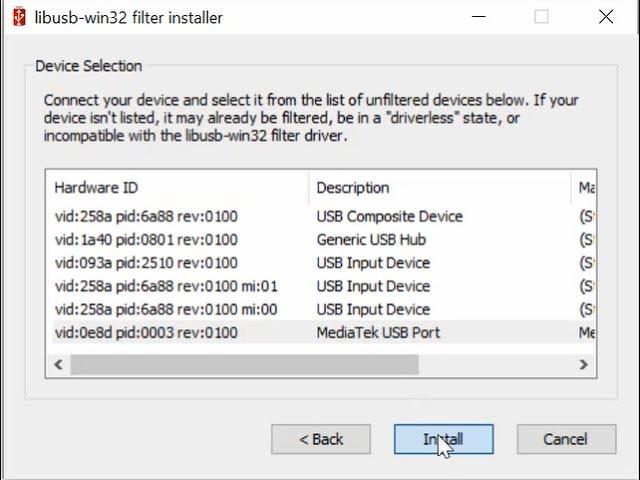 How to install a device filter for Mediatek using libusb