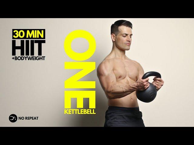 30 min Single Kettlebell HIIT Workout | + Bodyweight | No Jump | No Repeat | Intense