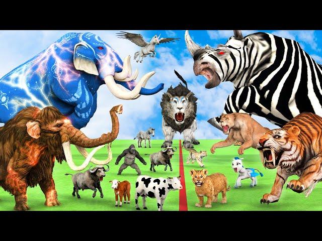 5 Giant Mammoth Elephant Cow vs 5 Giant Lion Tiger vs Hybrid Rhino Zebra Saved By Woolly Mammoth