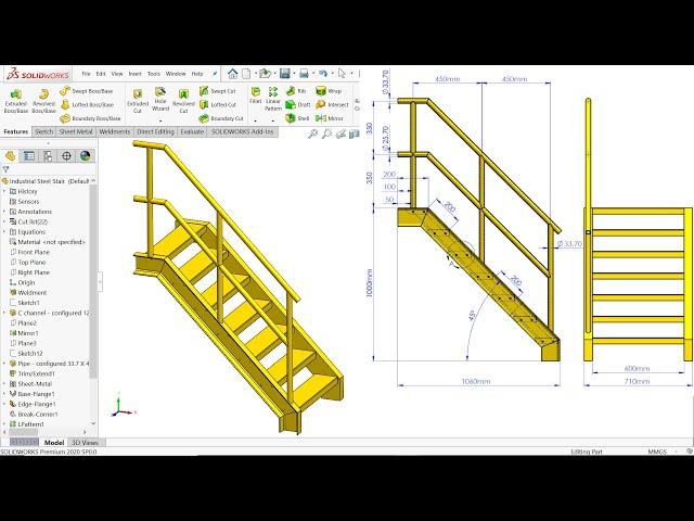 Solidworks Steel stair Weldments and Sheet metal