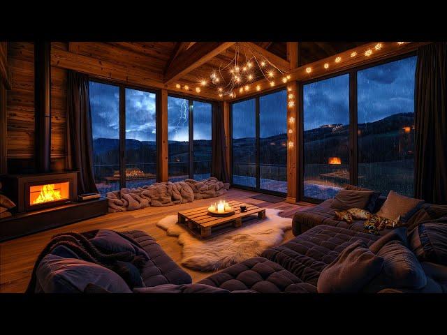 Thunderstorm in Cozy Wooden Living Room - Rain, Thunder, and Fireplace Sounds