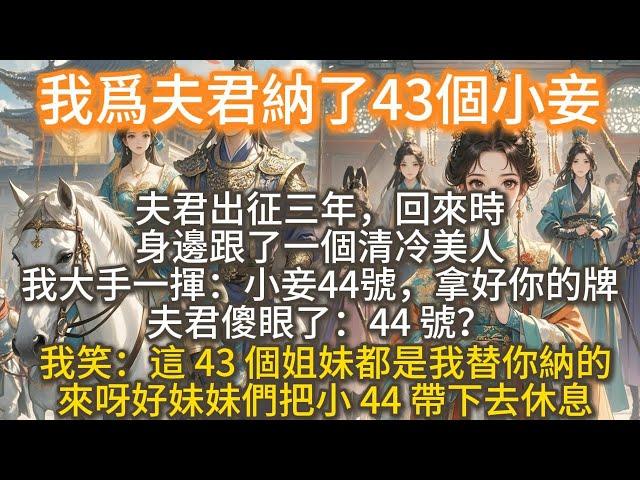 完結搞笑爽文：我爲夫君納了43個小妾，夫君出征三年，回來時，身邊跟了一個清冷美人。我大手一揮：小妾 44 號，拿好你的號碼牌。夫君傻眼了：44 號？我笑：是呀，這 43 個姐妹，都是我替你納的···