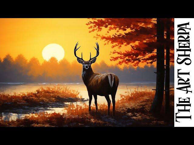 Deer at sunset lake Autumn landscape   How to paint acrylics for beginners: Paint Night at Home