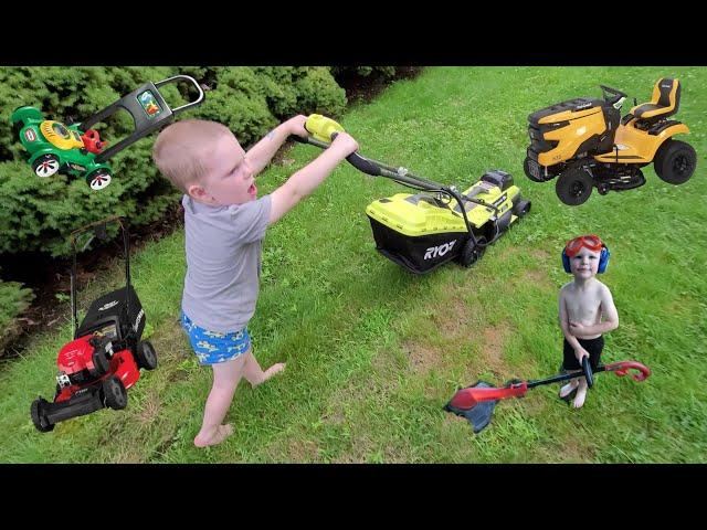 Yard Work + lawn mower videos for toddlers | Compilation of riding mower, garden tools, and more!