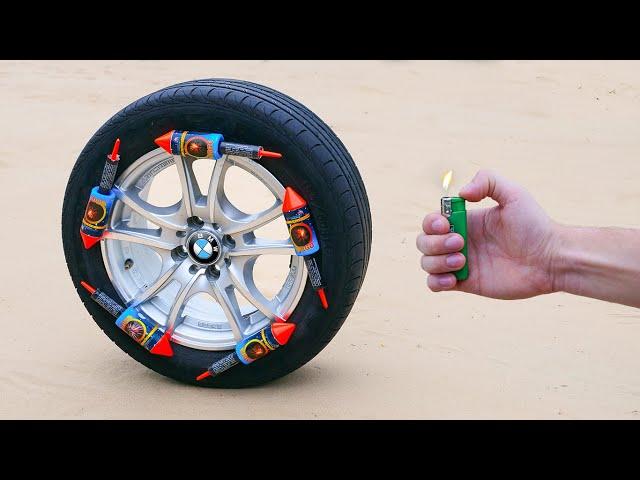 Experiment: Car Wheel vs XXL Rockets !