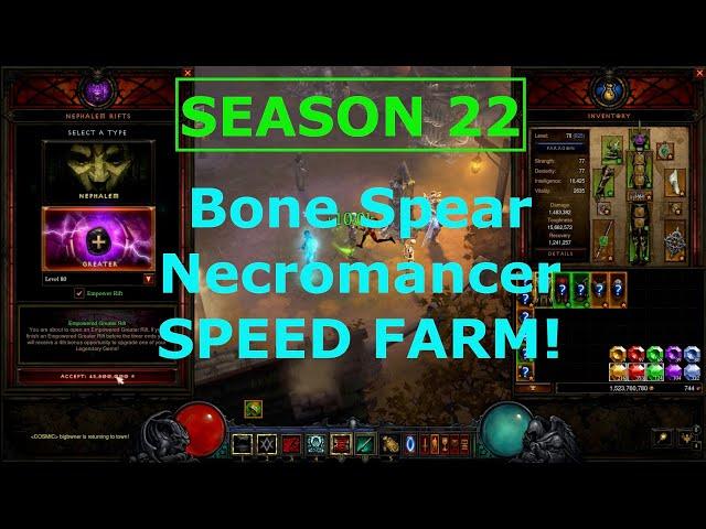 Diablo 3 Season 22 | Necro Bone Spear Build | GR80 2-Minute Speed Run | Using In-Geom and Shrines