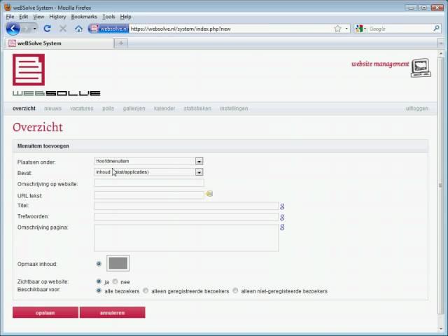 weBSolve System - Menuitem aanmaken (menuitems)