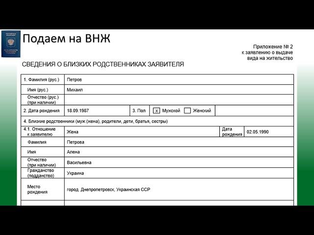 Сведения о близких родственниках. Образец заполнения на ВНЖ приложение №2