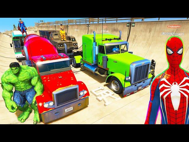 SPIDERMAN TRUCKS jump Challenge on WINDMILL Ramp ! SUPERHERO HULK Iron Man RACING CARS - GTA 5