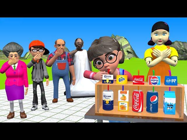 Scary Teacher 3D vs Squid Game Choose correct favorite soft Drink flavor 5 times Challenge