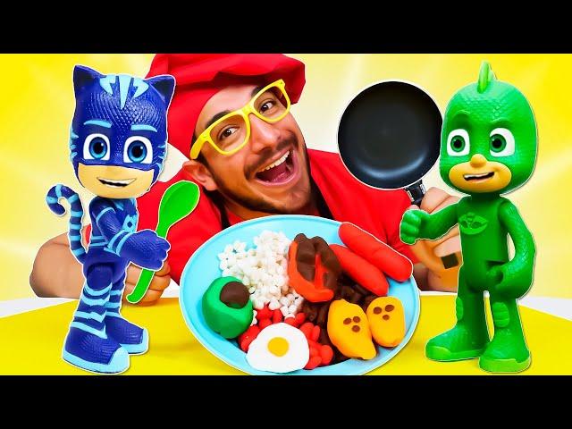  Preparando un delicioso calentado para Catboy y Gekko  Videos de los PJ Masks. Cocina para niños