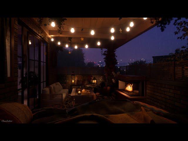 Cozy Balcony Ambience On A Rainy Fall Night | Rain, Crackling Fire, Cricket Sounds