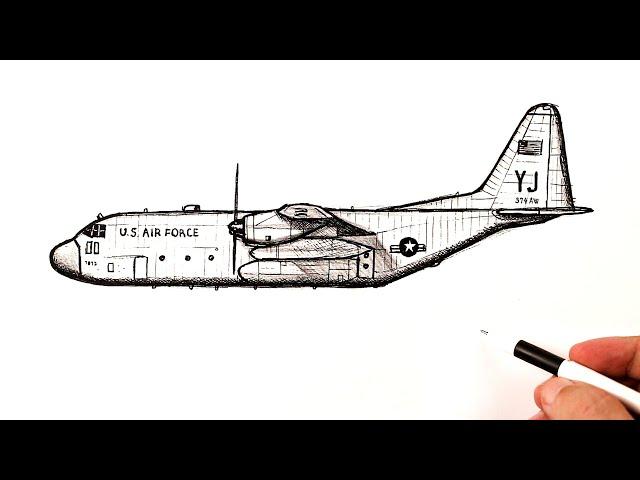 How to draw a Military transport aircraft Lockheed C-130 Hercules