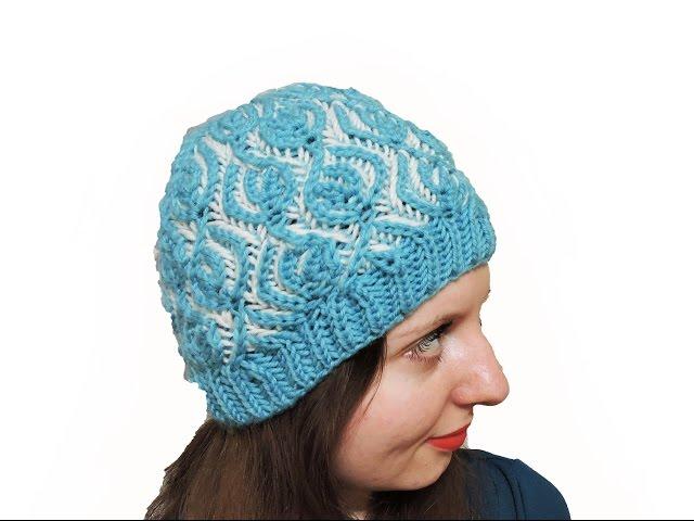 Женская шапка в технике бриошь "Заснеженные листья" // Brioche Stitch // Women's hats knitting