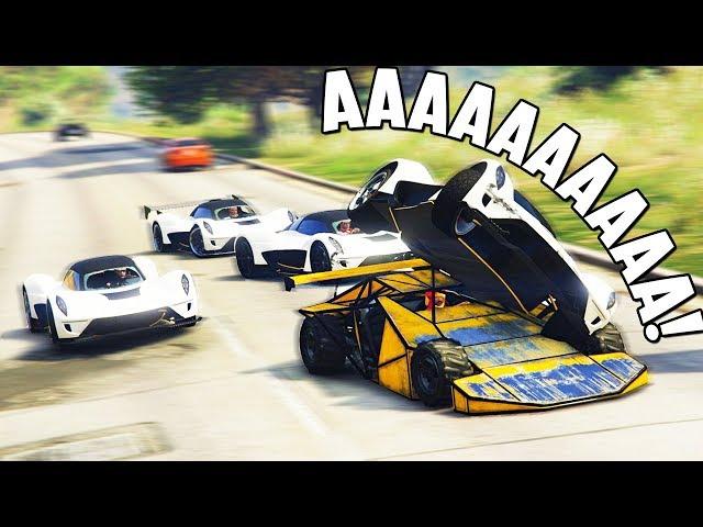 GTA 5 COPS & ROBBERS - ОЧЕНЬ СЛОЖНО! МАШИНА РАМПА ИЗ ФОРСАЖА РАСКИДЫВАЕТ 4 СУПЕРКАРА ПО ГОРОДУ!