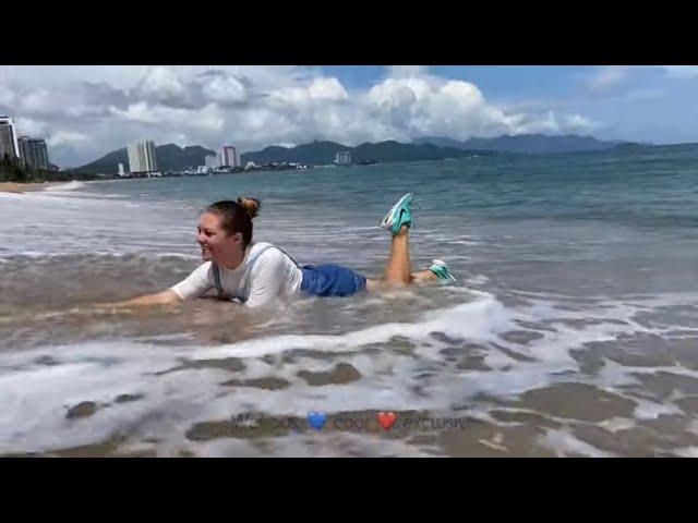 OMG! Huge waves! Wet denim skirt, wet Nike sneakers, wet white t-shirt  Wetlook • wet jeans