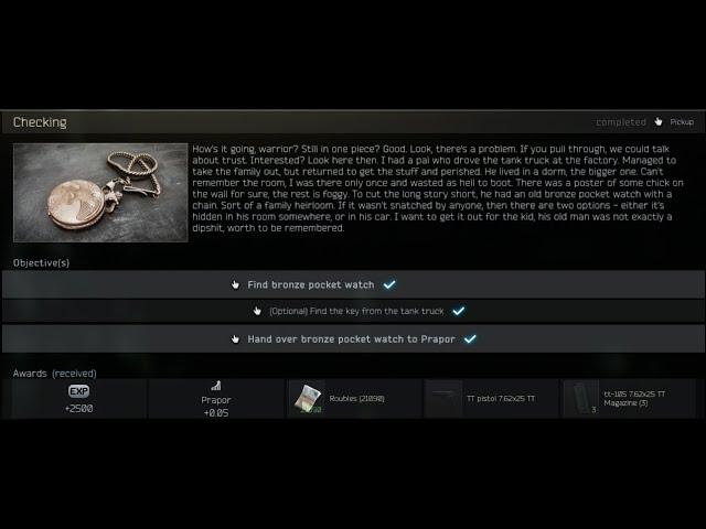 Escape From Tarkov Prapor Checking Quest-Bronze Pocket Watch task guide