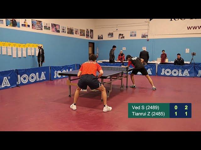 Ved Sheth (2489) vs Zhang Tianrui (2485) at ICC Joola Spring Open on 3-4-2023