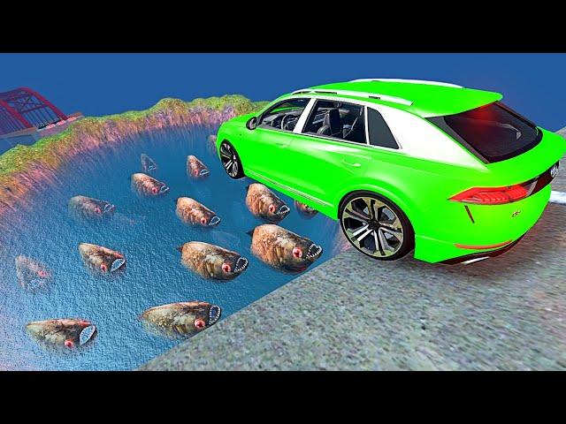 Beamng drive - Open Bridge Crashes over Pool of Hungry PIRANHA