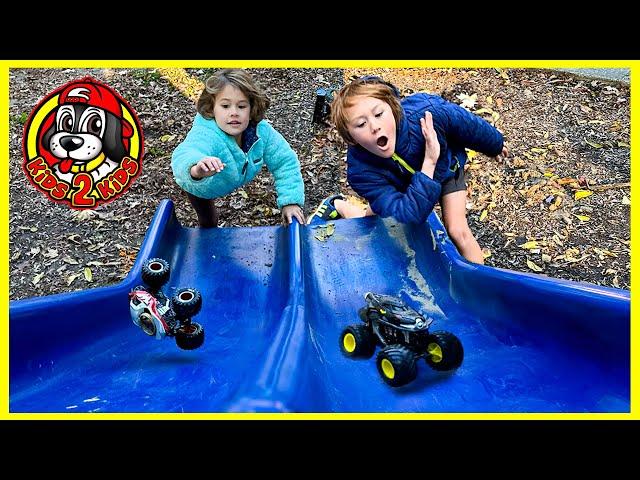 MONSTER TRUCKS PLAY AT THE PARK  Wonder Woman & Batman Rescue Monster Jam Minis from Darth Vader