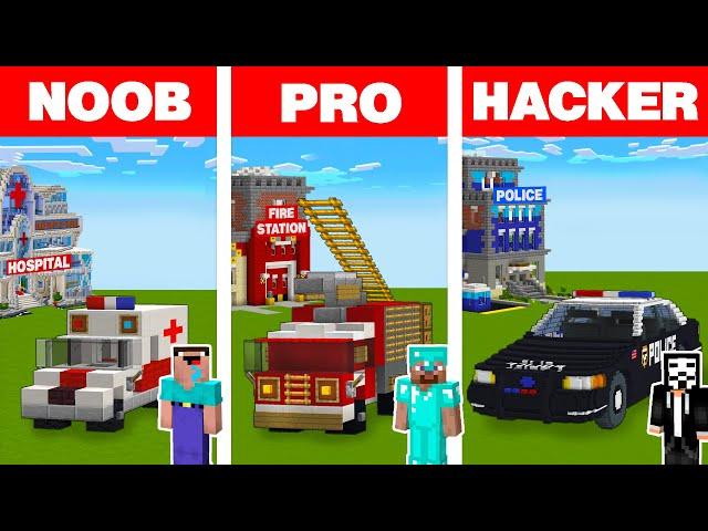 Minecraft NOOB vs PRO vs HACKER: EMERGENCY VEHICLE HOUSE BUILD CHALLENGE in Minecraft Animation