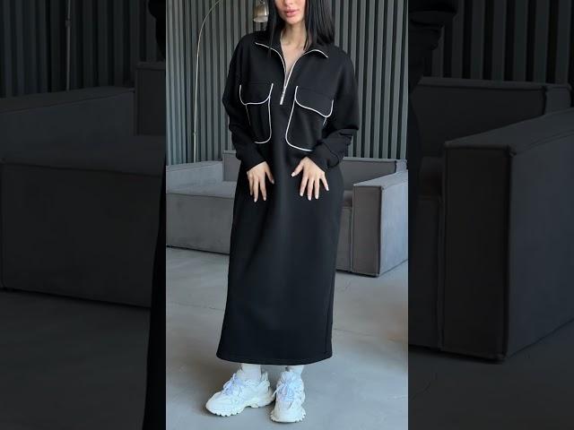 Жіноча чорна довга спортивна сукня oversize onesize 42-48 тринитка петля комір поло на блискавці