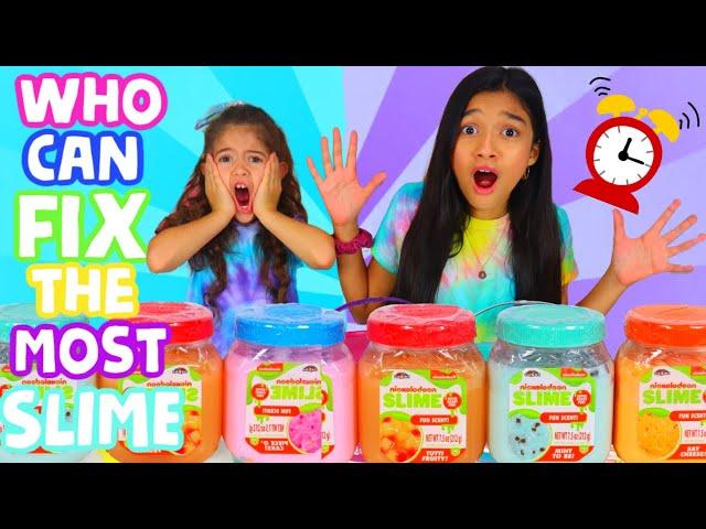 WHO CAN FIX THE MOST STORE BOUGHT SLIMES WINS!|JASMINE AND BELLA