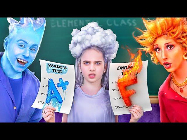 Ember and Wade from ELEMENTAL have children! Elements in School! Genius School Hacks: FIRE vs WATER