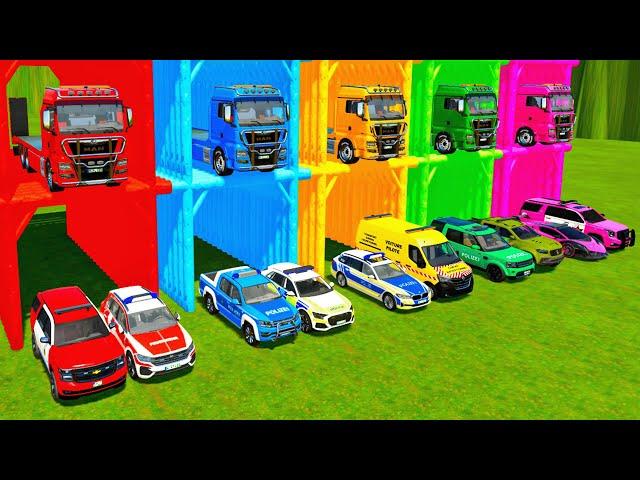 TRANSPORTING ALL POLICE CARS & AMBULANCE EMERGENCY VEHICLES WITH MAN TRUCKS ! Farming Simulator 22