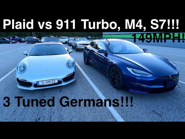 Tesla Plaid vs 3 TUNED Germans!!!1/4 mile at 149MPH!!! Porsche 911 Turbo!! BMW M4 Comp!! Audi S7!!