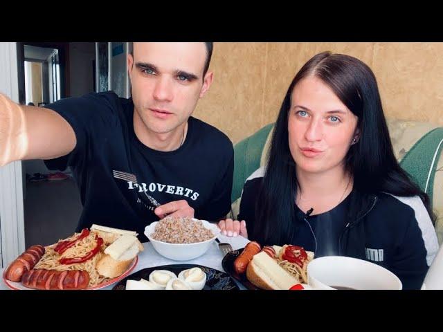 МУКБАНГ ЖАРЕНЫЕ СОСИСКИ/ ГРЕЧКА/ СПАГЕТТИ #asmr #mukbang #breakfast #food