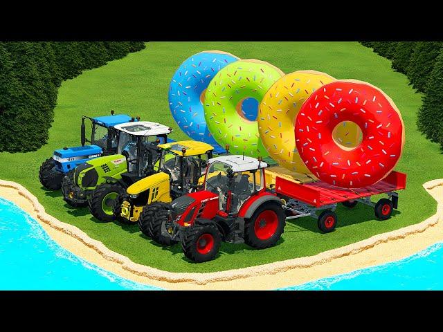 JOHN DEERE vs CLAAS vs CASE vs FENDT TRACTORS BATTLE WITH GIANT DONUTS - Farming Simulator 22