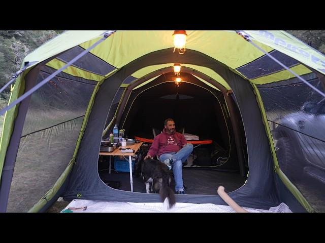 Car Tent Camping In Rain Storm With Dog