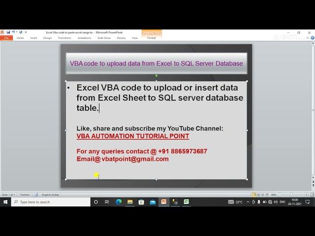 VBA code to upload or insert data in SQL server database table from Excel.