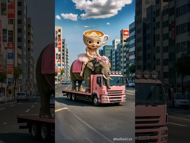 Evolution of lion and elephant on boat to Ballerina Cappuccina riding elephant on truck
