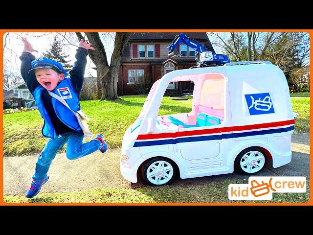 Delivering Toys and Chainsaw with Power Wheels Mail Truck. Educational how the USPS works | Kid Crew