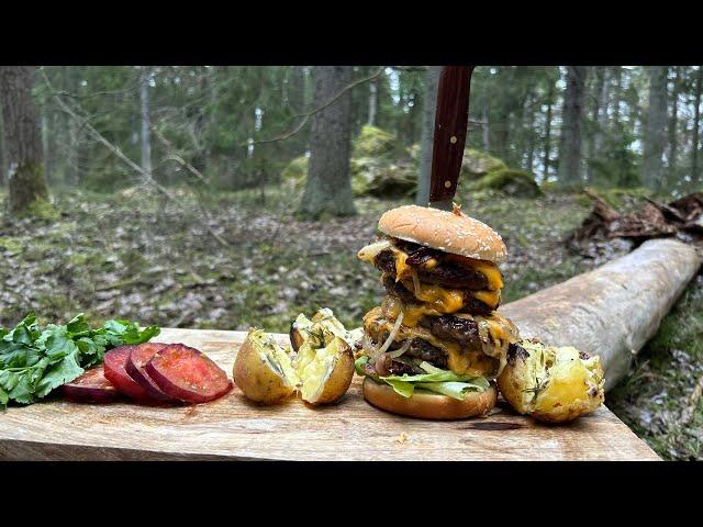 Simple Nature Cooking: King Hamburger in the Nordic Jungle- Asmr cooking- relaxing cooking